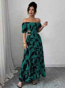 Elenzga Women's Off Shoulder Strappy Hollow Vacation Dress (Random Floral Print) - Green - View 6