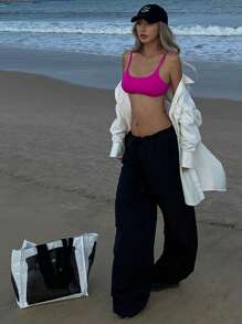 SHEIN Swim Bestselling Adjustable Strap Beach Vacation Pink Bikini Top, Spring/Summer