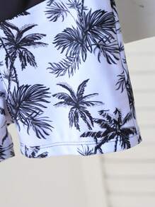 男童时尚棕榈树印花长袖防晒衣和短裤泳衣套装 - 黑與白 - 查看 7