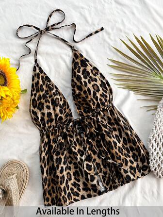 SHEIN Tall CURVE Große Größen Leopard Muster Top mit Trägerhalskrause, Rücken-Bindedetail und Rüschensaum