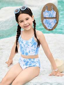 2pcs/Set Girls Swimsuit, Floral Print Top And Adjustable Strap Triangle Bottoms - Multicolor - View 3