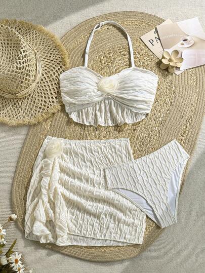 SHEIN Teen Girls 3 PiecesBikini Set With Textured Knit Fabric, 3D Floral Decor, Spaghetti Strap, Suitable For Beach, Vacation, Hawaii