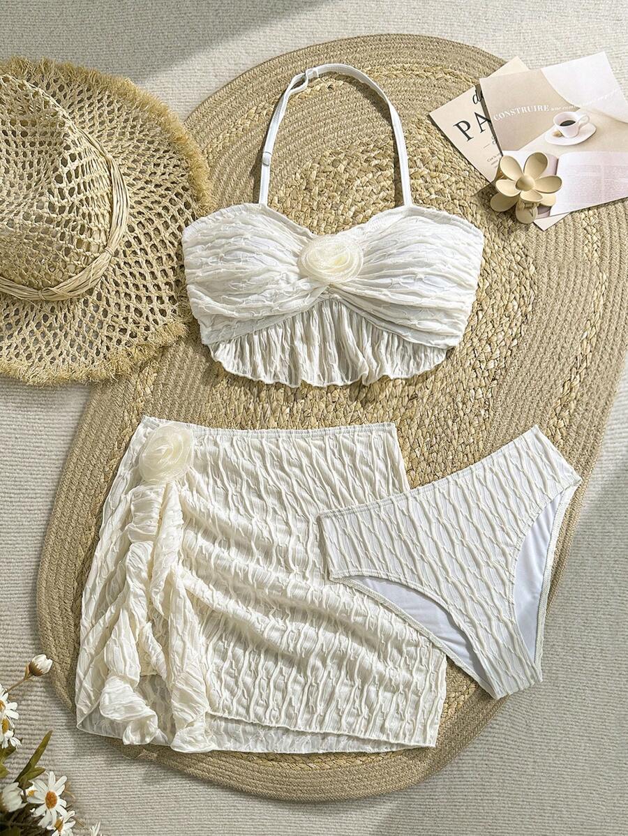 SHEIN Teen Girls 3 PiecesBikini Set With Textured Knit Fabric, 3D Floral Decor, Spaghetti Strap, Suitable For Beach, Vacation, Hawaii