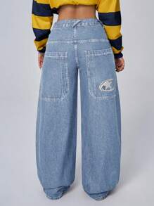 Jeanoix 女式前扣口袋休闲牛仔裤，日常穿着低腰直筒宽松牛仔裤 - 淺藍色 - 查看 2