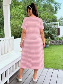 SHEIN EZwear Vestido camiseta maxi a rayas rosa de talla grande con aberturas laterales, vestido casual de manga corta para primavera/verano
