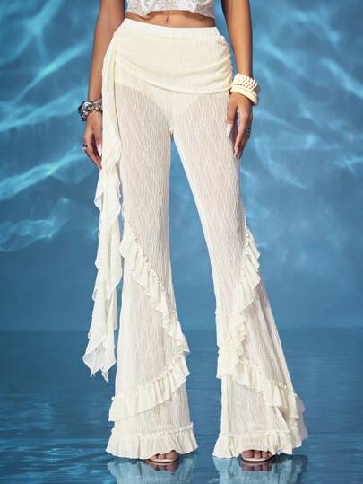 Fairycore Women's Retro Mermaid Sexy Knit Jacquard Fabric Flowy Ruffle Hem Flare Pants