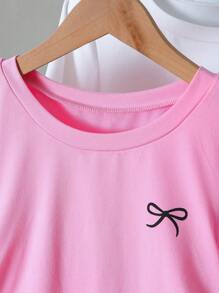 3 pièces T-shirt à manches courtes plissé avec imprimé nœud papillon pour filles en gris, rose et noir