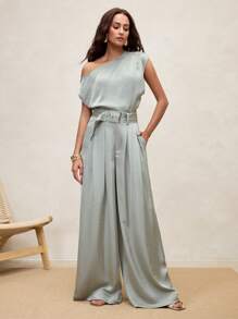 Arave Women Satin Texture Asymmetric Design Shoulder Top, Elegant Suitable For Commute And Vacation, Woven French Knot Elegant Modest, Old Money Fall Autumn Clothes - Green - View 3