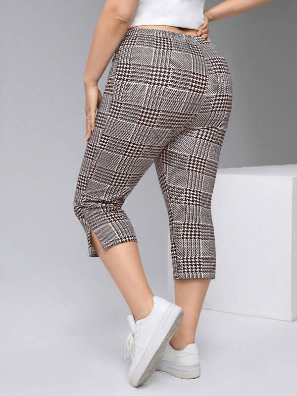 SHEIN Essnce Plus Size Casual Plaid Split Hem Skinny Cropped Leggings,Summer Pants