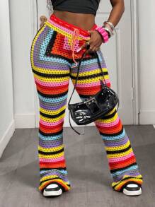 Slaydiva Plus Size Women Waist Tie Striped Hollow Out Knitted Pants In Fall/Winter