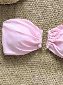 Swim Mod Women's Beach Summer Solid Color Bow Strapless Metal Decor Bikini Top