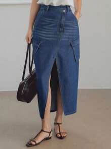 DAZY Women's Summer Casual High Slit Distressed Washed Denim Skirt With Large Pockets - Medium Wash - View 9