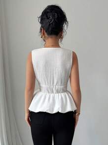 Elenzga Áo ba lỗ nữ cổ chữ V sâu có họa tiết vải kết cấu, viền xếp nếp thanh lịch - trắng - Xem 2