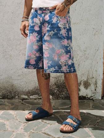 Street Life Pantaloncini casual in jeans con fiori, con tasche e orlo sfrangiato, da uomo