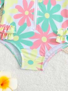 2pcs/Set Newborn Baby Girls' Cute Floral Print Long Sleeve One-Piece Rash Guard Swimsuit With Swimming Cap Girl Infant Girl Clothes Spring Baby Girl Spring Clothes Baby Clothes For Girls Tropical Baby Clothes Tropical Baby Clothes Girl