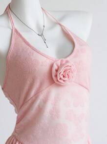 Flirla Gaun Pink Model Halter dengan Pinggang Terikat, Nuansa Prancis yang Feminin dan Mewah - Berwarna merah muda - View 7