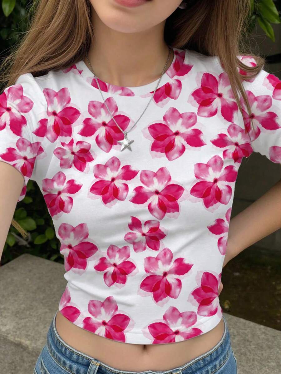 青少年女孩休闲时尚创意紫红色芙蓉花图案印花宽松上衣 - 彩色 - 查看 1