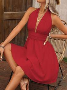 SHEIN Clasi Women's Solid Color Backless Dress, Fashionable For Summer - Red - View 5