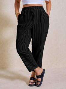 Elaquor Pantalones a rayas en blanco y negro de uso casual y sencillo, para uso diario en todas las estaciones, tallas grandes - Negro - Ver 1