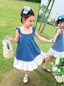 Young Girl' Casual A-Line Splice Ruffle Trim Denim Dress, Summer - Blue - View 1