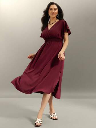 Flouryn Plus Size Women Summer Solid Color Overlapping V-Neck Short Sleeve High-Low Hem Elegant Dress, For Christmas Burgundy Maxi Women Outfit