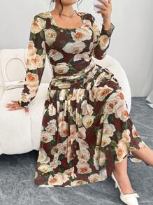 Modelyn Plus Size Long Floral Ruffled Sheer Elastic Fitted Flare Dress - Multicolor - View 1