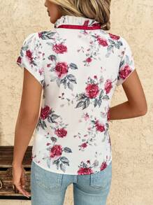 SHEIN Clasi 女式碎花荷叶边系带前衬衫，惊艳优雅独特碎花夏季女装碎花碎花衬衫，波西米亚风