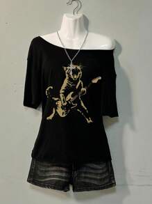 Attitoon Casual Minimalist Drop Shoulder Women's T-Shirt, Suitable For Summer, Rock, Cat & Guitar Print, Off The Shoulder Top Back To School - Black - View 1