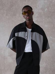 Designer Two-Tone Bowling Shirt Oversized Short Sleeve Button Down Color Block Urban Streetwear Summer Casual Modern Fashion Shirt - Multicolor - View 3