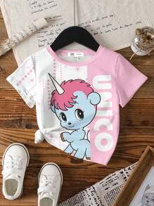 Unico X SHEIN Young Girl Colorblock Cartoon Graphic Round Neck Short Sleeve T-Shirt, Summer