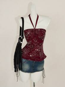 SHEIN ICON Y2k 露背勃艮第外出复古波西米亚嬉皮音乐会串珠时尚度假闪光派对闪亮亮片无袖短款上衣，露背修身夏季背心 - 酒紅色 - 查看 8