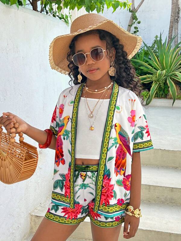SHEIN Ensemble 2 pièces pour préadolescentes, chemise ample avec imprimé tropical et short, convient pour les vacances et les sorties à la plage