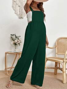 SHEIN Maternity Solid Color Wide Leg Loose Casual Jumpsuit - Dark Green - View 3