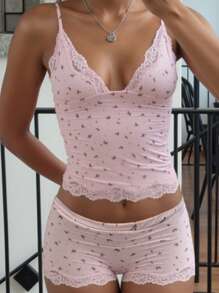 INAWLY Solva Set de 2 piezas para mujer con top de tirantes con encaje y shorts a contraste con estampado floral diminuto