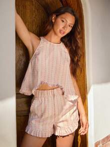 WESTFADE 西部乡村女牛仔套装民间条纹编织圆领可爱蝴蝶结后背镂空荷叶边背心和高腰松紧腰荷叶边下摆短裤两件套春夏套装 - 粉色 - 查看 3