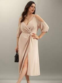 SHEIN Clasi Plus Size Women's Elegant Hollow Out Twisted Waist Dress, Spring/Summer Party Elegant - Khaki - View 3