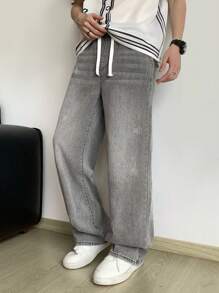 SHEIN Teen Boy Fashion Casual Y2k Basic Simple Grey Elastic Waist Drawstring Loose Jeans For Teen Boy Clothes Boys Soft Dailywear And Teen Boy Summer And Spring Rave Outfits Festival And Beach Outfits Clothes - Grey - View 1