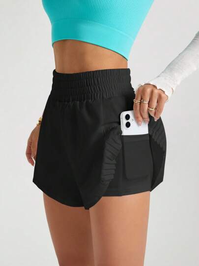 Slayform 女式纯色弹性腰带口袋运动短裤