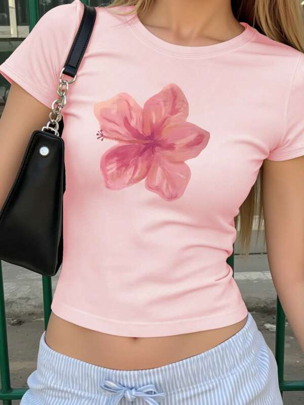 Tween Girl Casual Minimalist Floral Painting Graffiti Pattern Comfortable T-Shirt, Suitable For Beach & Outdoor Wear