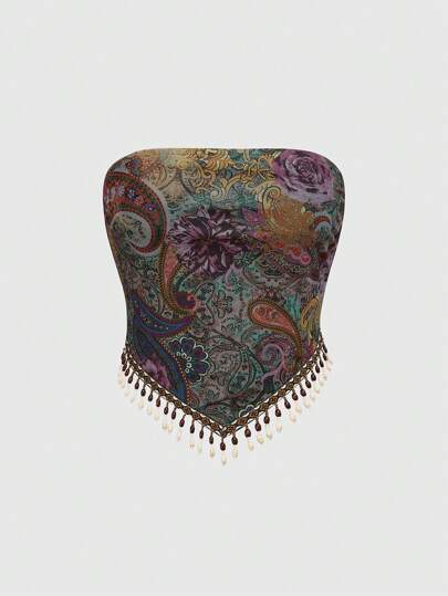 Hippie Retro Western Cowgirl Music Festival Transparent Wood Bead Fringe Hem Paisley Print Boho Bandeau Top For Women