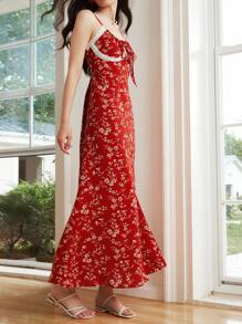 SHEIN LUNE 2025 Women's Elegant Red Ditsy Floral Spaghetti Strap Dress, Summer New Arrival - Multicolor - View 6