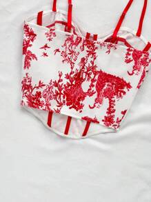 Soleia Blue & White Vintage Floral Contrast Color Women Holiday Camisole, Suitable For Vacation, Date, Afternoon Tea, Music Festival, Boho Style