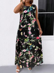 SHEIN LUNE Thời trang nữ đi làm đơn giản dễ thương kỳ nghỉ bán chạy bán chạy vải in cổ tròn không tay thiết kế màu đen trắng vàng cỡ lớn váy, xuân hè thu - màu đen - Xem 3