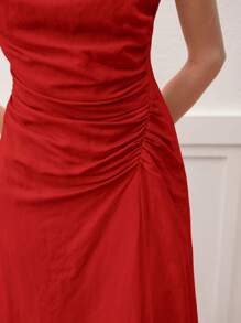 MOTF PREMIUM LINEN ASYMMETRIC NECK RUCHED DRESS - Red - View 2