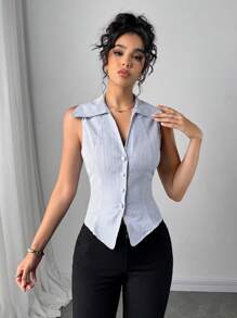 Firerie Women's Summer Elegant Romantic Fashion Commuter Sexy Elegant Style Office Women's Business Commuter Blue And White Striped Sleeveless Slim Top, Beach Beach Vacation Women's, Graduation Season Women's, Romantic Dating, Birthday, Easter Women's, Brazilian Carnival, Music Festivals, Spring And Summer Women's, Wedding Season, Brunch Women's - Blue and White - View 4