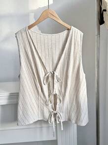 Comfortcana Große Größen Boho Vintage Resort Leinen gestreiftes ärmelloses Hemd