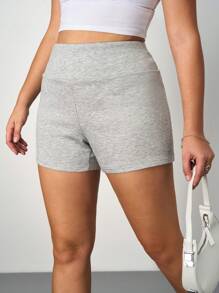SHEIN Tall CURVE Women's Plus Size Casual Knitted Fabric Grey Asymmetrical Foldover Waistband Short Shorts - Grey - View 8