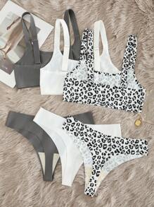 6 件套女士休闲豹纹简约时尚无衬无钢圈文胸和低腰丁字裤套装