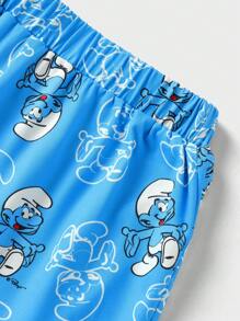 SHEIN X The Smurfs 2 pezzi Set di pigiama per ragazzo pre-adolescente casual e carino con stampa a cartone animato e shorts con stampa a cartone animato su tutto il capo, adatto per tutte le stagioni