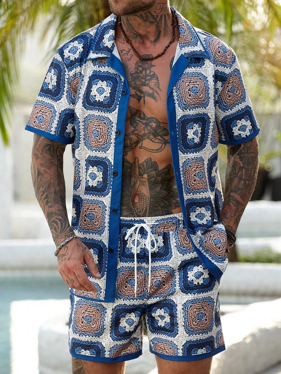 Manfinity RSRT Men's Summer Shirt Set - Bohemian Beach Shirt, Vintage Style, Perfect Gift Men Beach Wear Sets Beach Clothes For Men's Beach Shirts Men's Vacation Clothes Men's Beach Outfits, Summer Men's Hand-Hooked Jacquard Fabric Bohemian Style Fake Shirt Set, INS Versatile Item INS - Multicolor - View 1